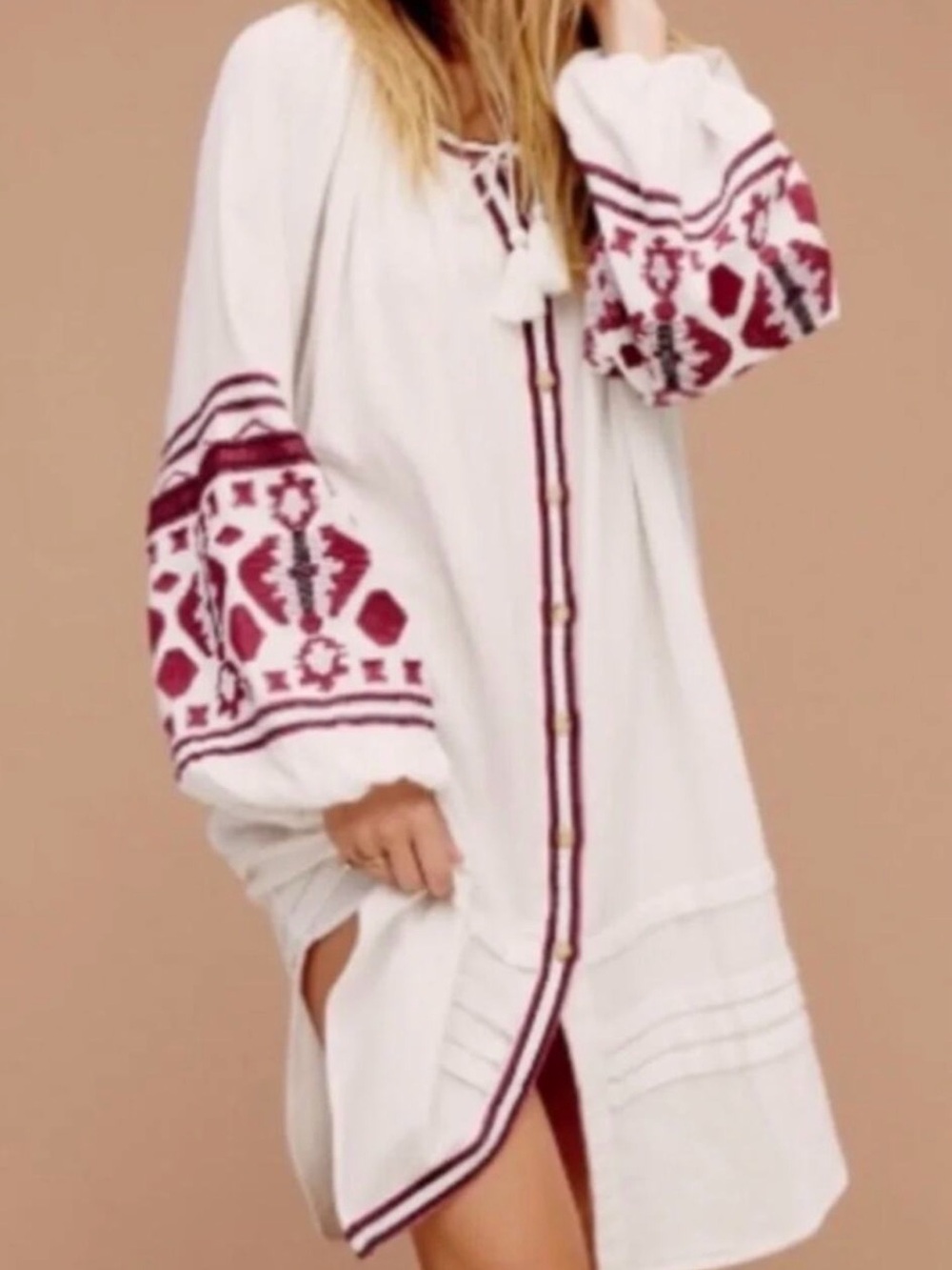 Free People In The Clear Embroidered Maxi Ivory with Maroon Embroidery LARGE